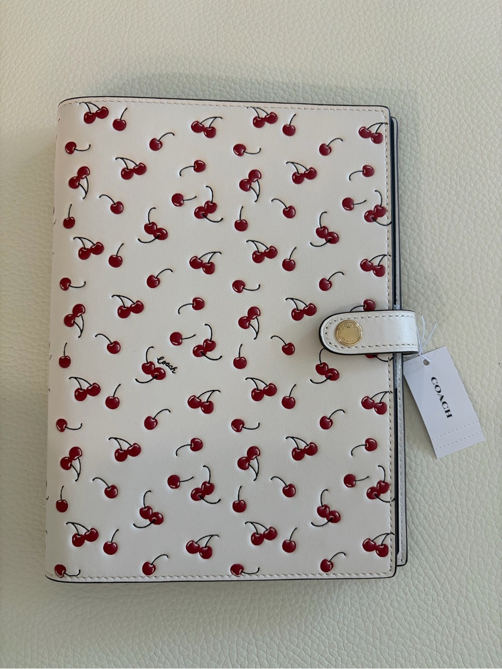 Coach White Leather Cherry Print notebook